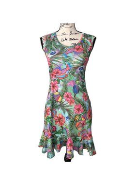 Dona Jo Womens Size S Dress Tropical Pickleball Print Sleeveless Ruffle Hemline